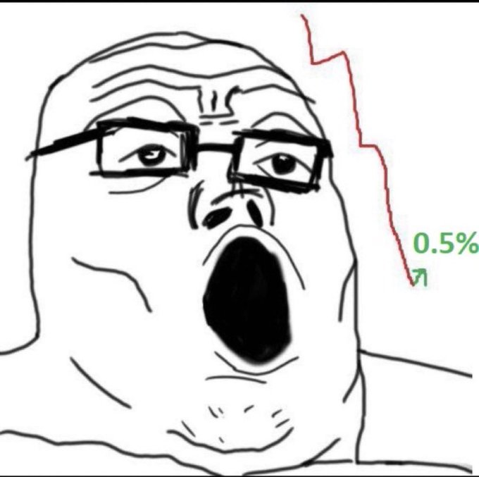 A black-and-white line drawing meme of a wide-eyed, open-mouthed surprised face wearing glasses, with a red line and '0.5%' text drawn next to it.