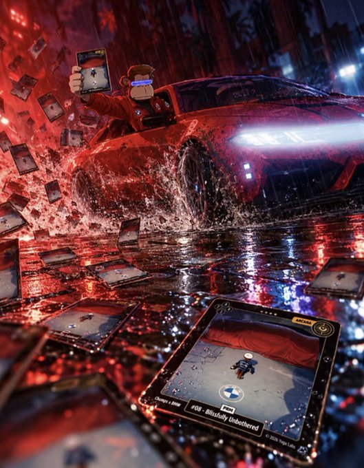 A red car races through a rain-soaked, neon-lit scene while numerous digital cards fly around it and a driver holds up a card. A prominent card reads “APARAT” and includes the text “#08 - Boldly Unbathed,” illustrating BMW’s Bored Ape Yacht Club/ApeFest trading-card tie-in for the Mudwater game.
