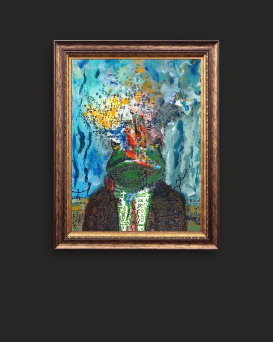 A framed abstract painting featuring a colorful, textured face with a green complexion, set against a blue and yellow background, displayed in an ornate gold frame.