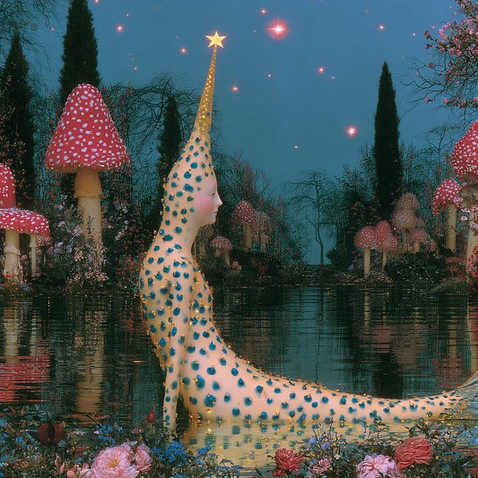 A surreal, dreamlike illustration of a figure with a star-shaped head emerging from water, surrounded by red-capped mushrooms, flowers, and twinkling stars.