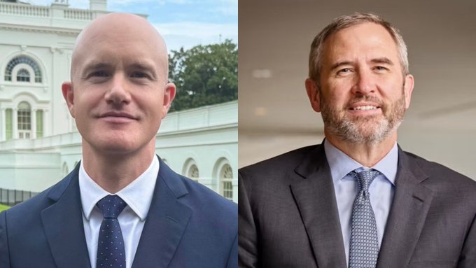 The image shows two men in professional attire: on the left, a bald man in a dark suit and blue tie photographed in front of the White House, and on the right, a man with gray hair and beard wearing a gray suit and patterned tie in a studio-style portrait. The image likely relates to the announced White House crypto meeting, with the men possibly representing Coinbase and Ripple as confirmed attendees of the upcoming discussion.