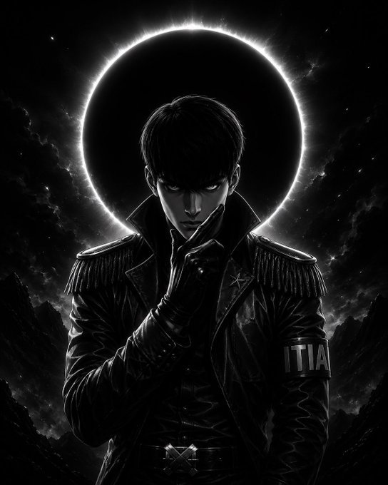 Black and white anime-style illustration of a serious young man in a military-style coat, standing before a solar eclipse with a glowing halo behind him.