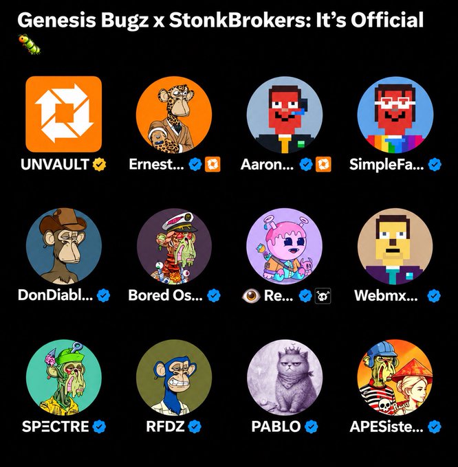 A promotional graphic titled "Genesis Bugz x StonkBrokers: It's Official" showcasing 12 circular NFT avatar profiles including UNVAULT, Ernest, DonDiablo, SPECTRE, PABLO, and APESISTE.