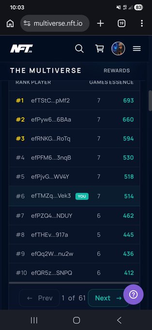 A mobile screenshot from multiverse.nft.io showing 'THE MULTIVERSE' leaderboard with player ranks, games, and essence scores.