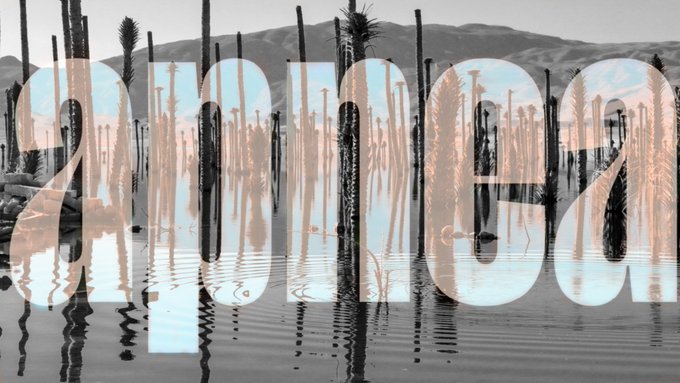 Large white semi-transparent letters spelling "apnea" overlay a dreamy, mirrored image of palm tree reflections in water against a mountainous backdrop, visually echoing the haunting, sleep-deprived mood of the accompanying poetic caption. The text references the $90 XTZ price tag and #TezosTuesday tag mentioned in the post.