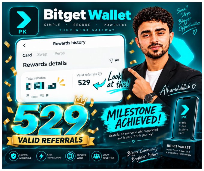 A promotional graphic for Bitget Wallet celebrating '529 VALID REFERRALS' with the text 'MILESTONE ACHIEVED!' and features a young man pointing to a rewards history screenshot.