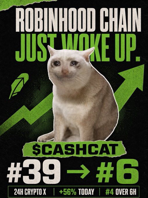 A 'Cashcat' crypto meme showing a serious-looking cat with text reading 'ROBINHOOD CHAIN JUST WOKE UP' and '#39 → #6' with '+56% TODAY' indicating a 24-hour crypto increase.