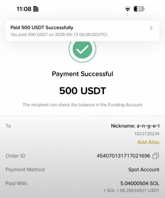 A mobile screenshot showing a successful payment confirmation of '500 USDT' sent to a recipient with the nickname 'a-n-g-e-l', paid with 5.04 SOL from a Spot Account.