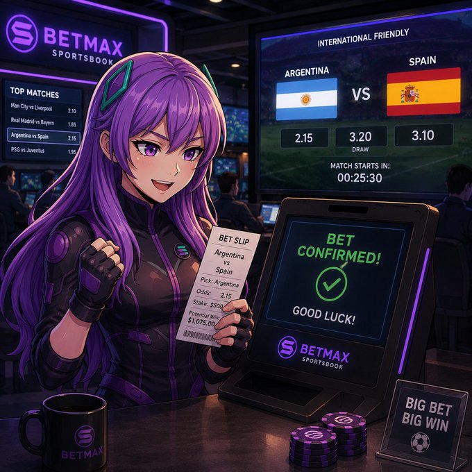 An anime-style illustration of a purple-haired girl at the 'BETMAX Sportsbook' with a bet slip for Argentina vs Spain (odds 2.15) showing 'BET CONFIRMED! GOOD LUCK!' on the screen.