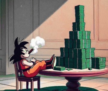An anime-style illustration shows a young character with spiky black hair sitting casually in a chair smoking a cigar, with a massive pile of green cash stacked high on a nearby table.