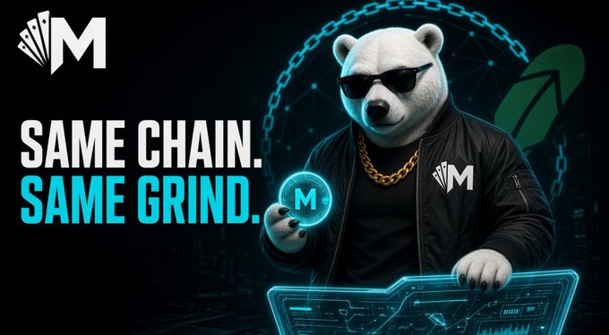 A promotional graphic featuring a polar bear in sunglasses and a black jacket, with the text 'SAME CHAIN. SAME GRIND.' and an 'M' logo.