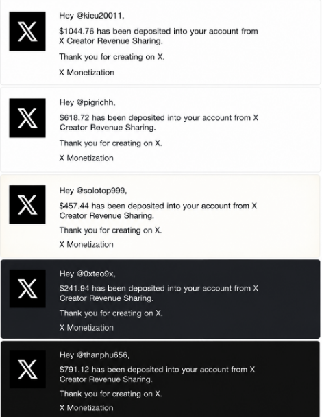 Screenshot of multiple X (formerly Twitter) notifications showing Creator Revenue Sharing payouts to users @kieu20011 ($1,044.76), @pigrichh ($618.72), @solotop999 ($457.44), @0xteo9x ($241.94), and @thanphu655 ($791.12), illustrating the post's celebration of creators receiving their first round of monetization earnings on the platform.