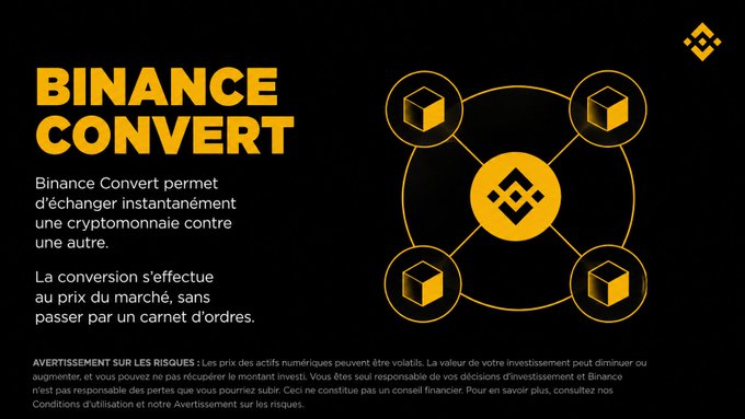 This image promotes "Binance Convert," highlighting its instant cryptocurrency exchange feature at market price without a lingering order book. The visual depicts a central Binance logo connected to four cube icons, symbolizing various cryptocurrencies being converted.