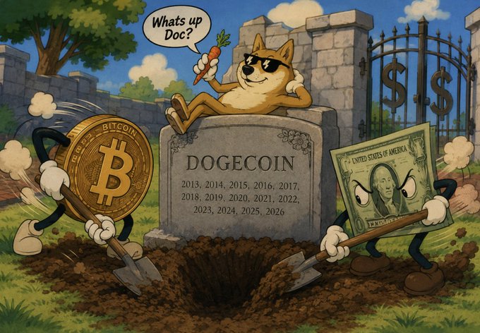 A cartoon depicts the Doge dog relaxing on a gravestone labeled "DOGECOIN 2013, 2014, 2015, 2016, 2017, 2018, 2019, 2020, 2021, 2022, 2023, 2024, 2025, 2026", holding a carrot and saying "Whats up Doc?", while Bitcoin and a dollar bill dig a grave with shovels.