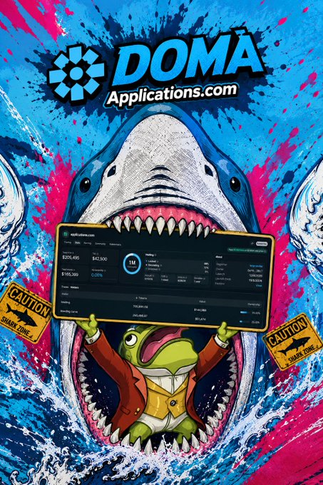 A promotional graphic for DOMA Applications.com featuring a shark illustration and a cartoon frog in a suit holding a cryptocurrency portfolio dashboard.