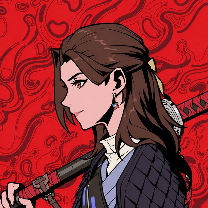 An anime-style illustration shows a profile view of a female character with brown hair tied back, wearing an earring and traditional-style clothing, carrying a katana against a swirling red background.