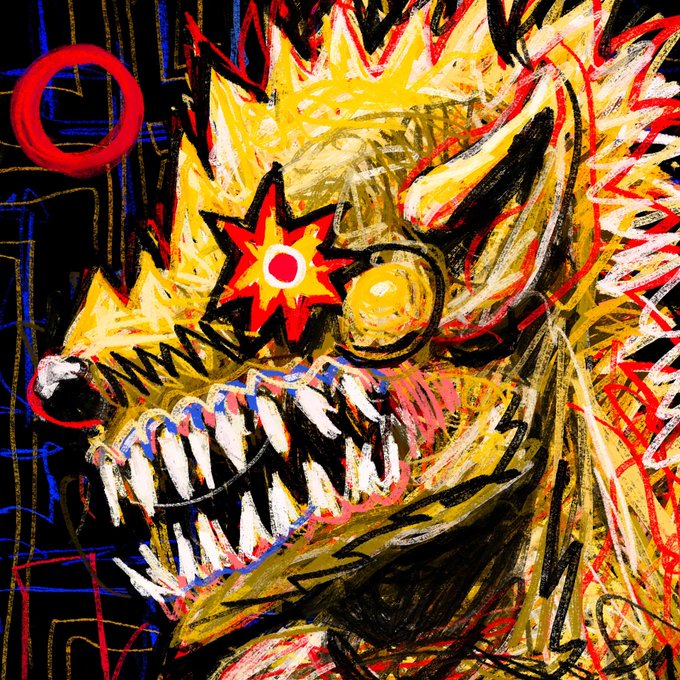 An abstract, chaotic painting featuring a monstrous face with sharp teeth, a red star on its forehead, and wild yellow, red, and black brushstrokes.