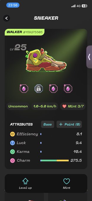 A sneaker NFT details screen showing a level 25 'Walker' sneaker (#159275565) with attributes for Efficiency, Luck, Karma, and Charm.