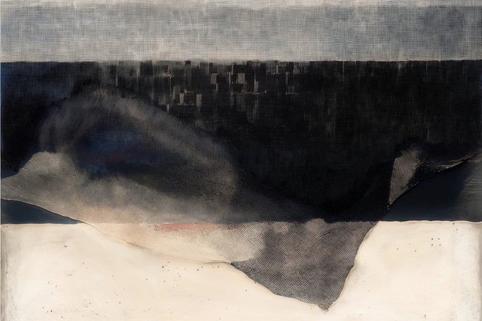 The image features a painting with a black and white color scheme that depicts an abstract landscape scene. The artwork has a rough texture, giving it a unique appearance. The artist's signature "Vikki Bardot" can be seen on the bottom right corner of the painting. The painting is described as being in good condition, which suggests that it might have been well-maintained or preserved over time.