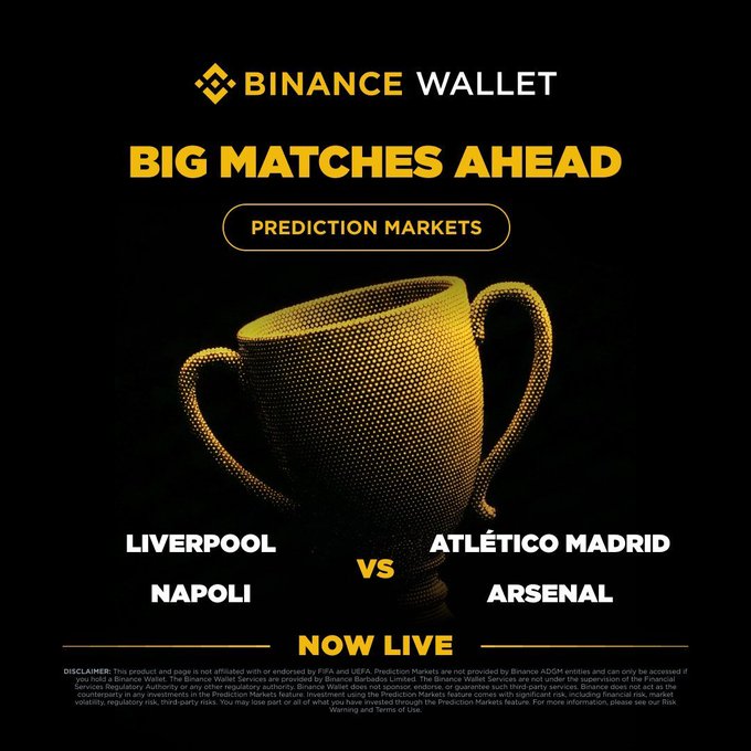 A Binance Wallet promotional graphic announces "BIG MATCHES AHEAD" with Prediction Markets "NOW LIVE" for Liverpool vs. Atlético Madrid and Napoli vs. Arsenal, featuring a glowing golden trophy in the center of the dark background, complementing the post's call for users to join the PnL Trading Competition with a 100,000 prize pool.