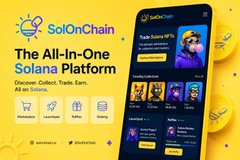 An advertisement for 'SolOnChain,' described as 'The All-In-One Solana Platform' for NFTs, featuring cartoon character icons.