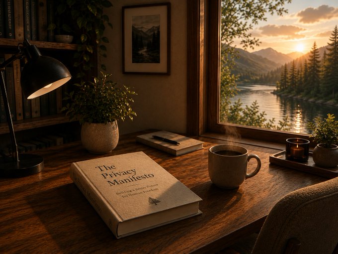 The image shows a wooden desk with an open book titled "The Privacy Manifesto". On top of the book, there are two cups - one containing coffee and another filled with tea. The scene takes place near a window overlooking a serene body of water, possibly a lake or river. A potted plant is also present on the desk. The post about Oasis Quietly seems to be related to this image as it suggests that the person who set up the workspace might have been working from home and enjoying some quiet time by the water while reading their book.