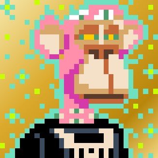 A pixel art portrait of a pink ape with orange sunglasses and a black shirt, displayed on a vibrant yellow background with green and pink pixel patterns. The image, created by @pic2cells as Canvas #645, celebrates the ape being featured in the official NFT collection, matching the post's excitement about the honorary inclusion.