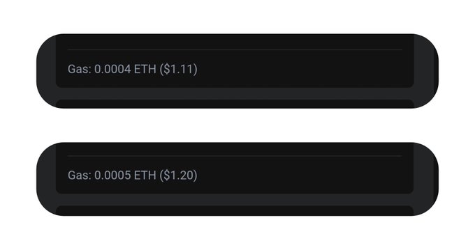 Two dark rounded UI buttons displaying gas fees, reading 'Gas: 0.0004 ETH ($1.11)' and 'Gas: 0.0005 ETH ($1.20)'.