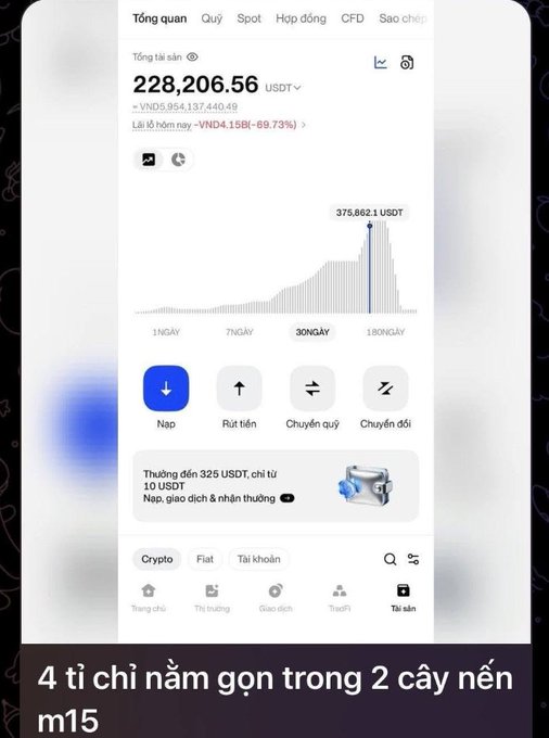 A Vietnamese cryptocurrency trading app screenshot showing a total balance of 228,206.56 USDT with a chart peak of 375,862.1 USDT, with the caption '4 tỉ chỉ nằm gọn trong 2 cây nến m15' (4 billion fits neatly in 2 candles m15).