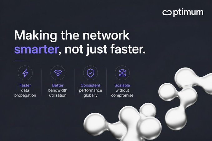 An advertisement for 'Optimum' with the tagline 'Making the network smarter, not just faster,' highlighting faster data propagation, better bandwidth utilization, consistent global performance, and scalability.