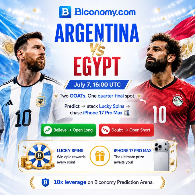 A promotional graphic for Biconomy.com's prediction arena shows a head-to-head matchup between Lionel Messi (Argentina) and Mohamed Salah (Egypt), both wearing #10 jerseys, advertising their July 7, 16:00 UTC game with offers for Lucky Spins, an iPhone 17 Pro Max prize, and 10x leverage on predictions.