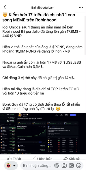 A Facebook post in Vietnamese discussing a crypto trader (UNIPCS) who turned $17M into $440B VND in a month, highlighting positions in memecoins $PONS, $USELESS, and $MarsCoin on Robinhood, with a screenshot showing a portfolio worth $17,927,574.