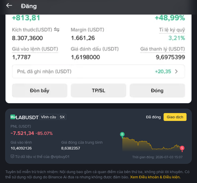 A Binance trading interface showing a closed long position with +813,81 profit (+48,99%) and a closed MU/USDT position showing -7.521,34 PnL (-85.07%), dated 2026-07-03.