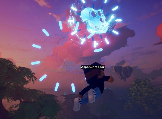 A Roblox-style avatar labeled 'AspenShredder' flies through a vibrant sky toward a glowing blue skull surrounded by radiating light beams.