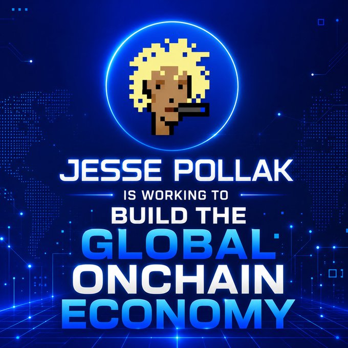 A promotional graphic with a pixel art character featuring yellow hair, stating 'JESSE POLLAK IS WORKING TO BUILD THE GLOBAL ONCHAIN ECONOMY' against a futuristic blue digital background.