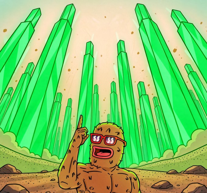 An anime-style illustration of a muscular, hairy humanoid character wearing red sunglasses, pointing upward with a surprised expression, set against a backdrop of giant green crystal towers.