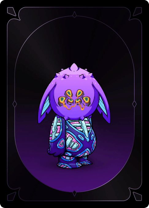 Stylized purple creature character with teal accents, large eyes, and ear-like protrusions displayed on a dark card background.