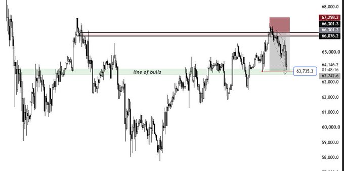 A financial candlestick chart showing price action with key levels marked at 67,798.3, 66,301.3, 66,076.2, and 63,735.3, with a green band labeled 'line of bulls' and a red shaded box on the right.