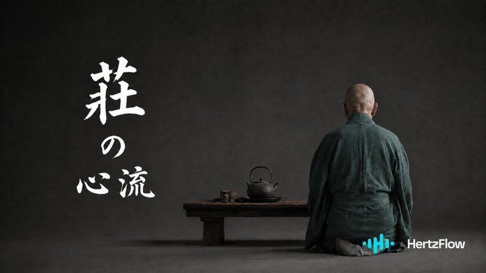 A moody image of a bald man in a green robe sitting before a tea setup, with Japanese text reading "荘の心流" and a "HertzFlow" logo in the corner.