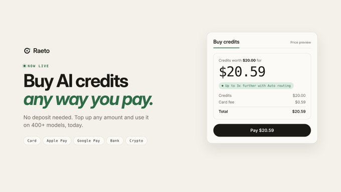 A promotional webpage for Raeto advertising 'Buy AI credits any way you pay' with payment options including Card, Apple Pay, Google Pay, Bank, and Crypto, showing a purchase of $20.59 for $20 worth of credits.