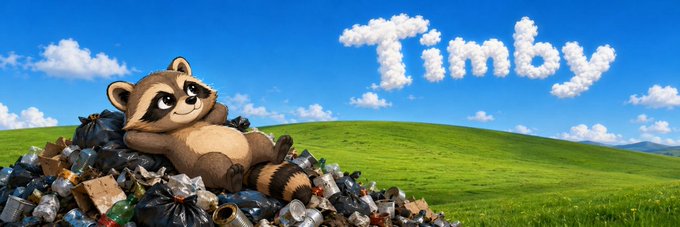 The image features a cartoon raccoon lounging atop a pile of trash in a grassy field with the word "Timby" spelled out in clouds against a blue sky. This banner image represents the Solana token $Timby on Moby, likely symbolizing the raccoon mascot associated with the token's brand.