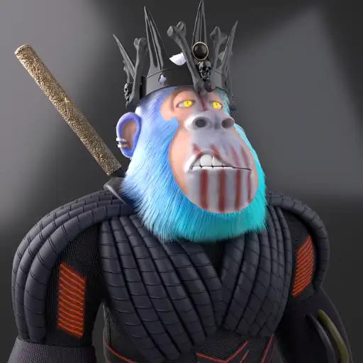A 3D rendered character with a blue-furred face, glowing yellow eyes, a crown, and a sword strapped to his back wears a dark armored suit.