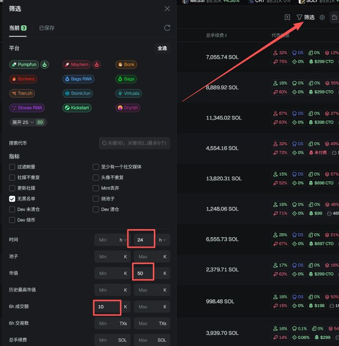 A screenshot of a cryptocurrency trading or analytics interface in Chinese with various filter options, platform selections (Pumpfun, Bonk, Bags, Virtuals, etc.), and red boxes highlighting '24 h', '50 K', and '10 K' values, with a red arrow pointing to a filter icon. Visible text includes '筛选', '总市值', and various SOL amounts like '7,055.74 SOL' and '8,869.92 SOL'.