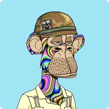 A digital illustration of a Bored Ape Yacht Club NFT character featuring a camouflage military cap with a BAYC logo patch, rendered in the distinctive cartoon style of the collection. The ape has a multicolored tie-dye appearance on its fur, matching the post's welcome of BAYC #820 as a new addition to the "Compas coded" collection.
