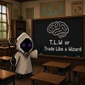 A small robot character labeled "T.L.W or Trade Like a Wizard" standing in a classroom next to a chalkboard.