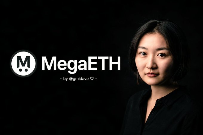 The image features a woman with dark hair, dressed in black clothing, standing against a black background. The text "MEGAETH" is written above her head, and there are two instances of the word "MEGA" in the image. Additionally, there's an image of a cat below the woman's head.