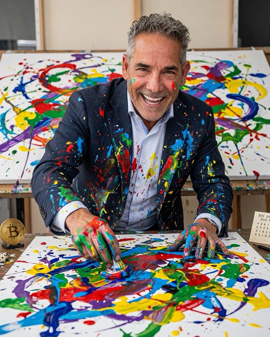 A smiling man in a paint-splattered blazer joyfully creates a vibrant, abstract finger-painting on canvas, with a Bitcoin "B" logo and numbered ticker visible beside the artwork—visually embodying the post's playful nod to "Bitcoin Overlords" and colorful self-expression.