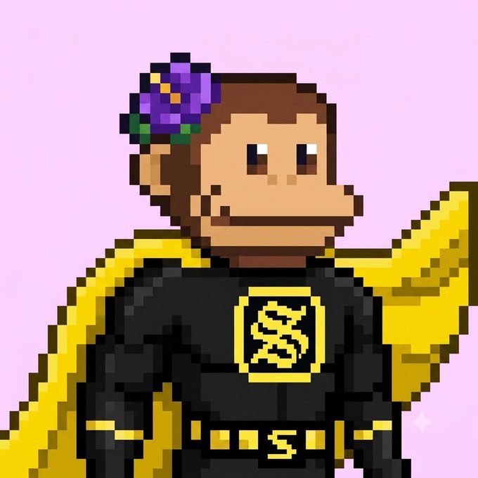 A pixel art character with brown hair, a purple flower accessory, and a black shirt featuring a yellow 'S' logo, with yellow angel-like wings against a pink background.