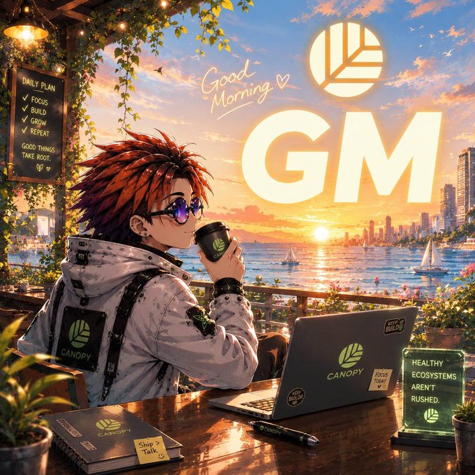 An anime-style illustration featuring a character with red hair and sunglasses drinking coffee from a 'CANOPY' branded cup next to a laptop, with 'Good Morning ♥ GM' text and a 'DAILY PLAN' board visible.