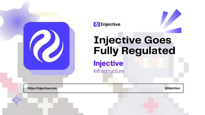 A promotional graphic for Injective cryptocurrency announcing 'Injective Goes Fully Regulated', with the Injective logo, 'Injective Infrastructure' tagline, and links to https://injective.com and @injective.